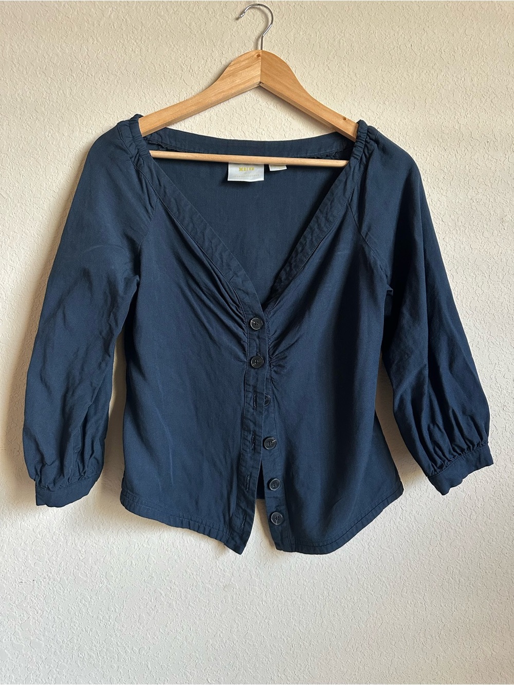 Anthropologie Maeve Navy Button-Front V-Neck Blouse with Puff Sleeves